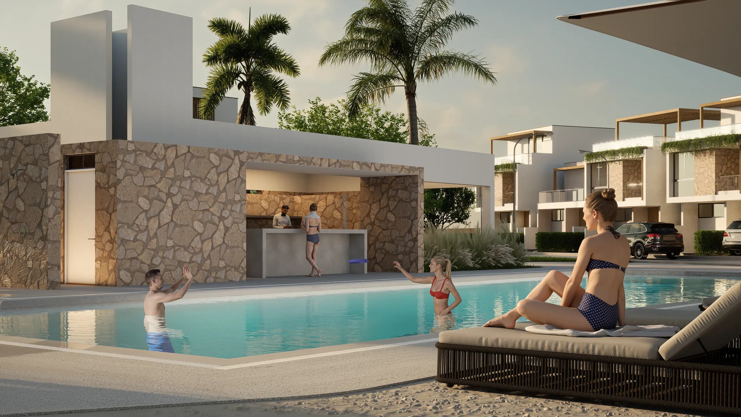 Casas tipo de tres niveles frente a la piscina, con tumbonas y bar