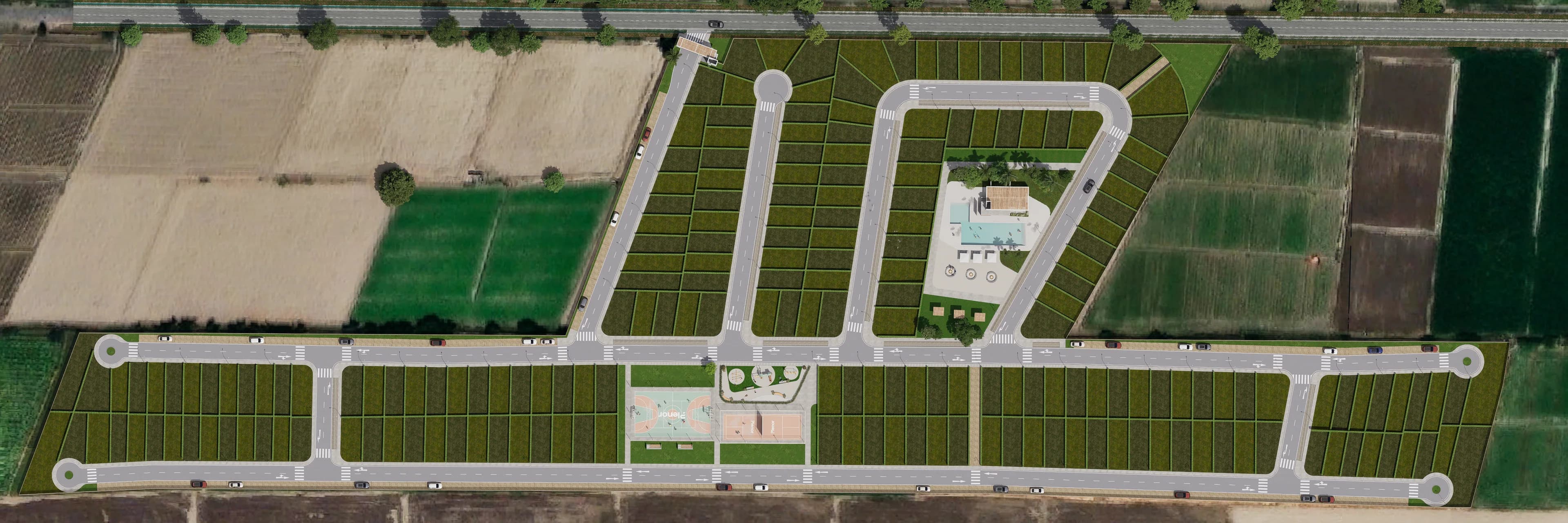 Planimetría cenital del masterplan de Residencial Aonami con los lotes vacíos sobre la fotografía aérea del terreno
